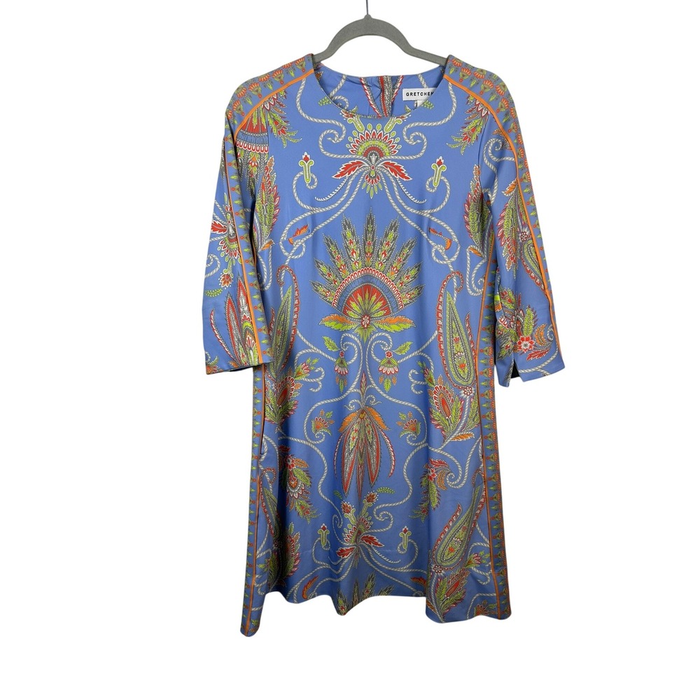 Gretchen Scott Dress Womens Small Blue Paisley Shift 3/4 Sleeve Excellent 3150